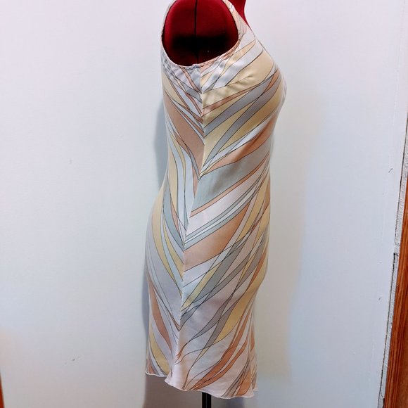 🚨Bebe Silk Pink Yellow Pastel Asymmetrical Dress M L - Picture 11 of 11